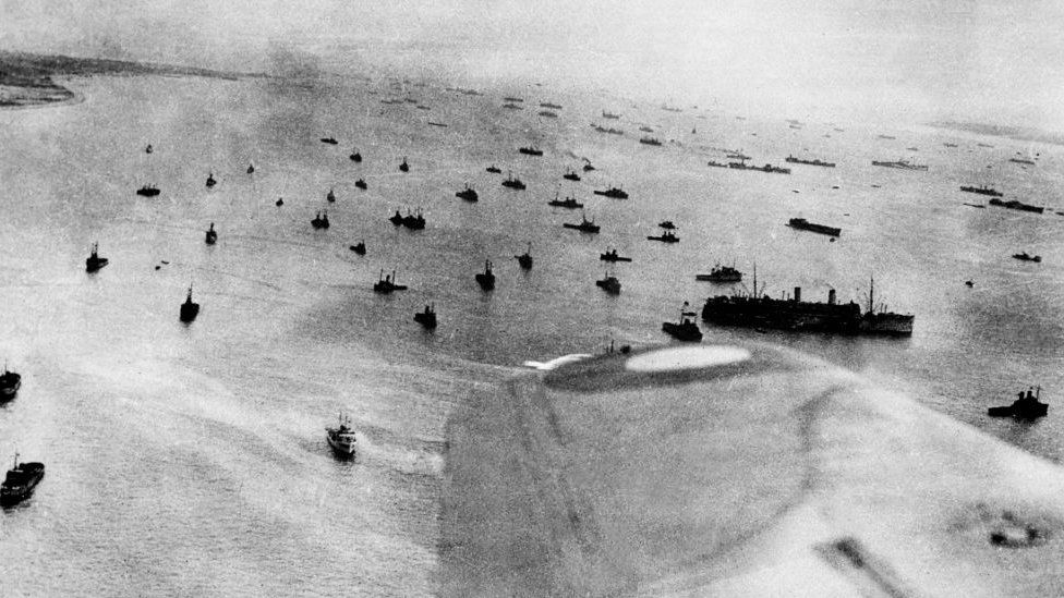 Aerial view taken 06 June 1944 of the Allied Naval forces engaged in the Overlord operation of landing while Allied forces storm the Normandy beaches on D-Day. D-Da