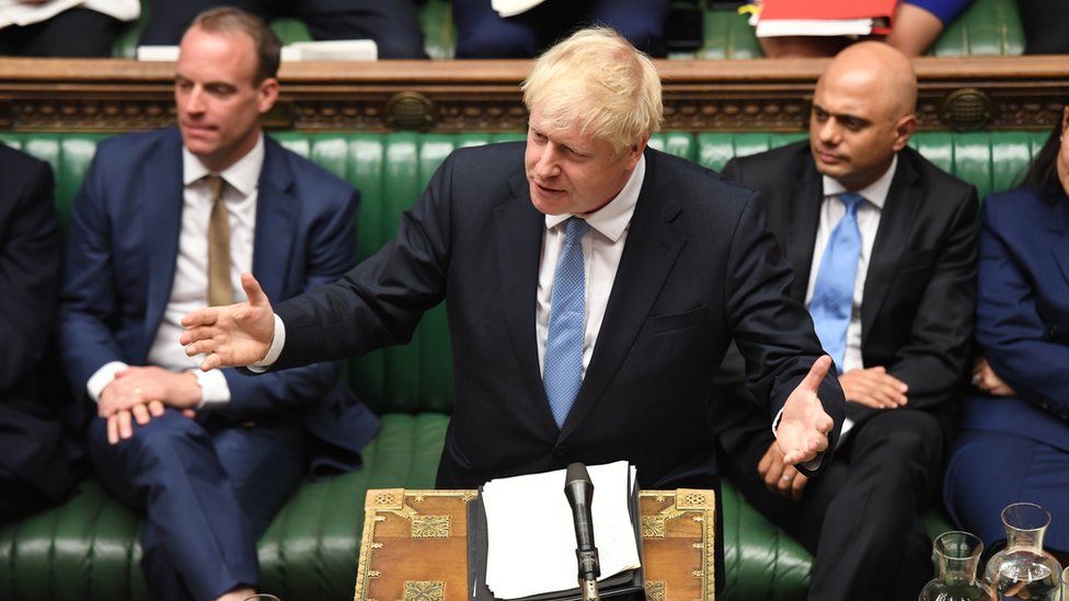 Boris Johnson gave his first statement to the Commons as PM, flanked by his new Foreign Secretary, Dominic Raab (l), and his new Chancellor, Sajid Javid