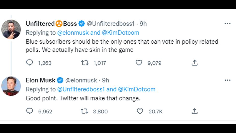 Elon Musk Only Blue Tick Users To Vote In Twitter Polls On Policy Bbc News 