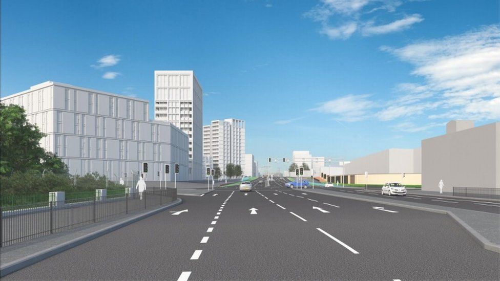 Proposed view of the A34 looking south, where the A34 flyover has been removed and a new junction is proposed