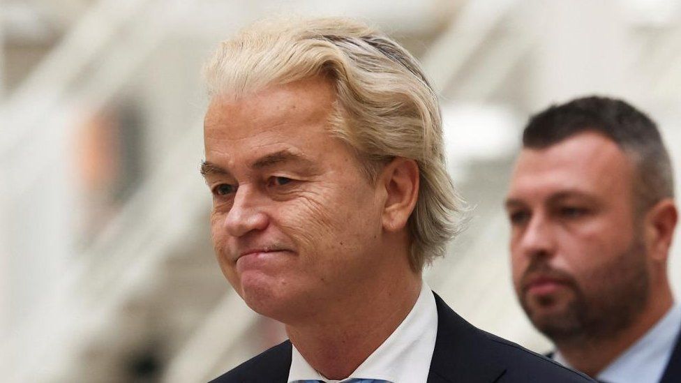 Dutch far-right politician and leader of the PVV party, Geert Wilders reacts on the day he votes at a polling station during the Dutch parliamentary elections, in The Hague