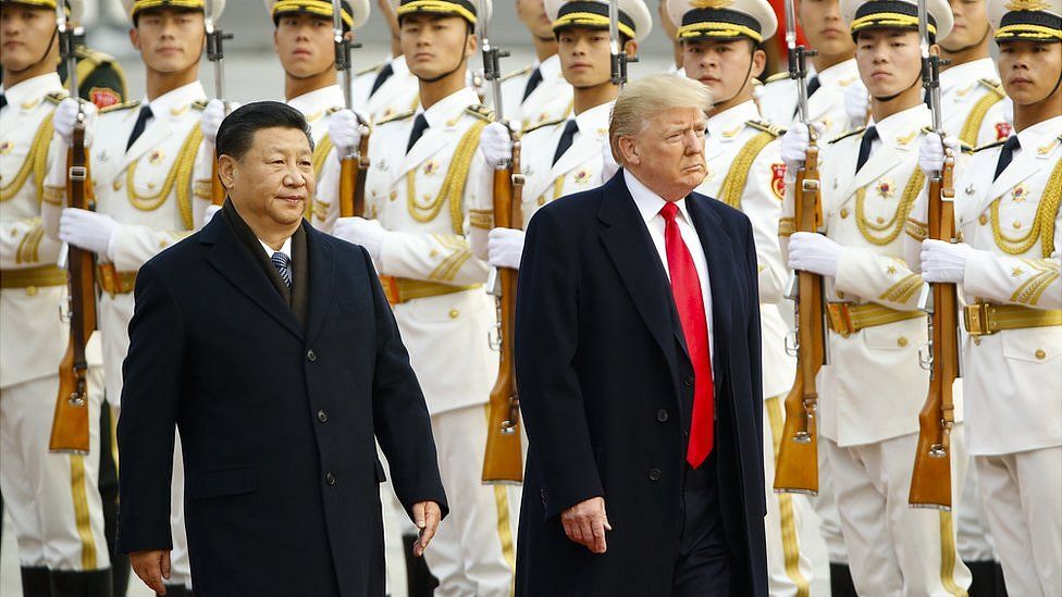 U.S. President Donald Trump takes part in a welcoming ceremony with China's President Xi Jinping on November 9, 2017 in Beijing, China.