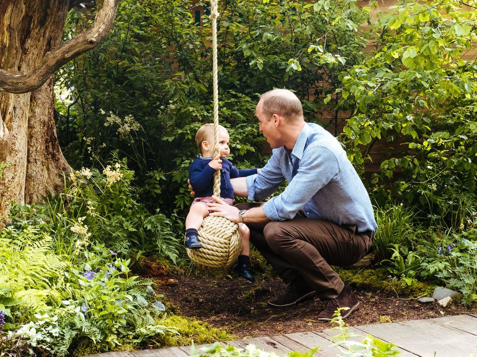 The Duke of Cambridge plays with Prince Louis on a swing