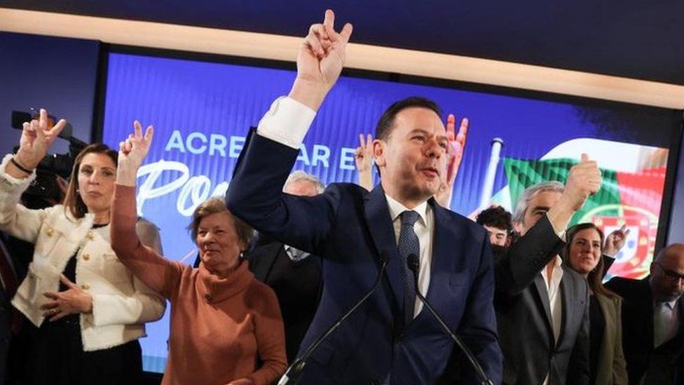 The leader of the Democratic Alliance (AD) coalition and President of the Social Democratic Party (PSD) Luis Montenegro holds the victory speech during the election night of the legislative elections 2024 in Lisbon