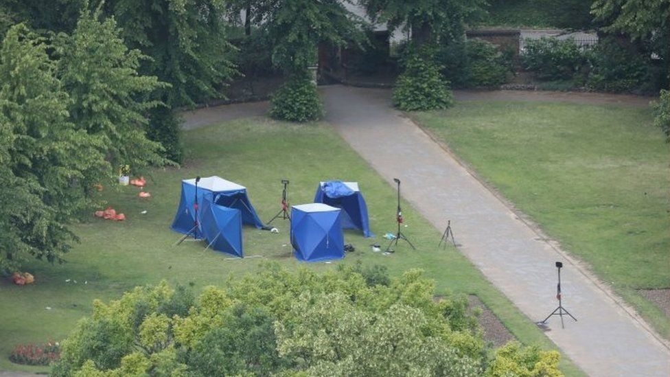 Police tents in Forbury Gardens in Reading town centre