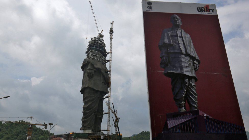 A view of the construction site of the "Statue of Unity" portraying Sardar Vallabhbhai Patel, one of the founding fathers of India, is seen during a media tour in Kavadia in the western state of Gujarat, India on 25 August 2018.