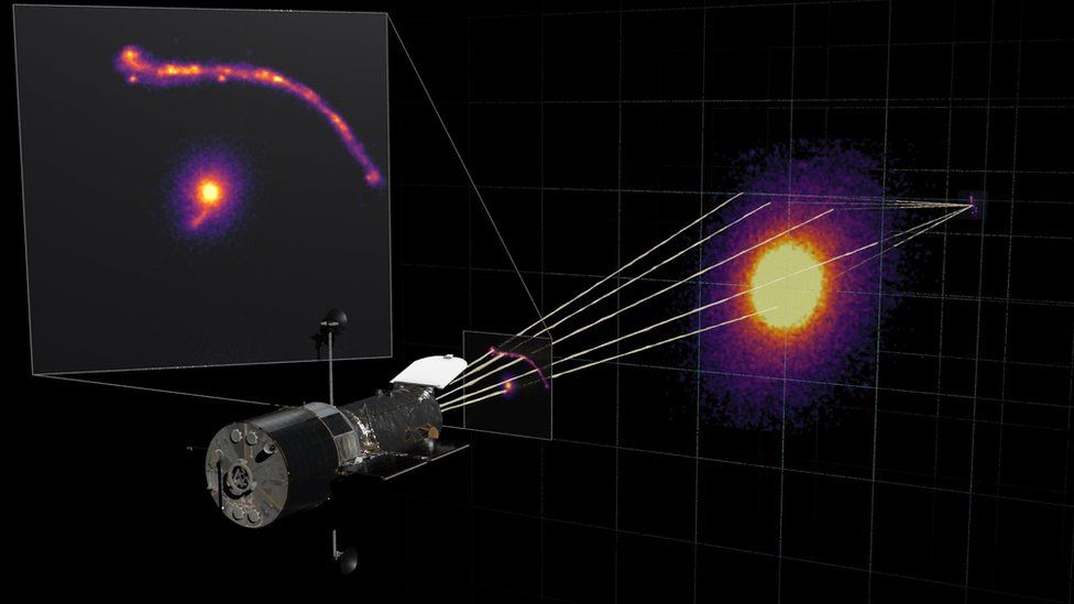 Graphic showing light arcing around a black hole