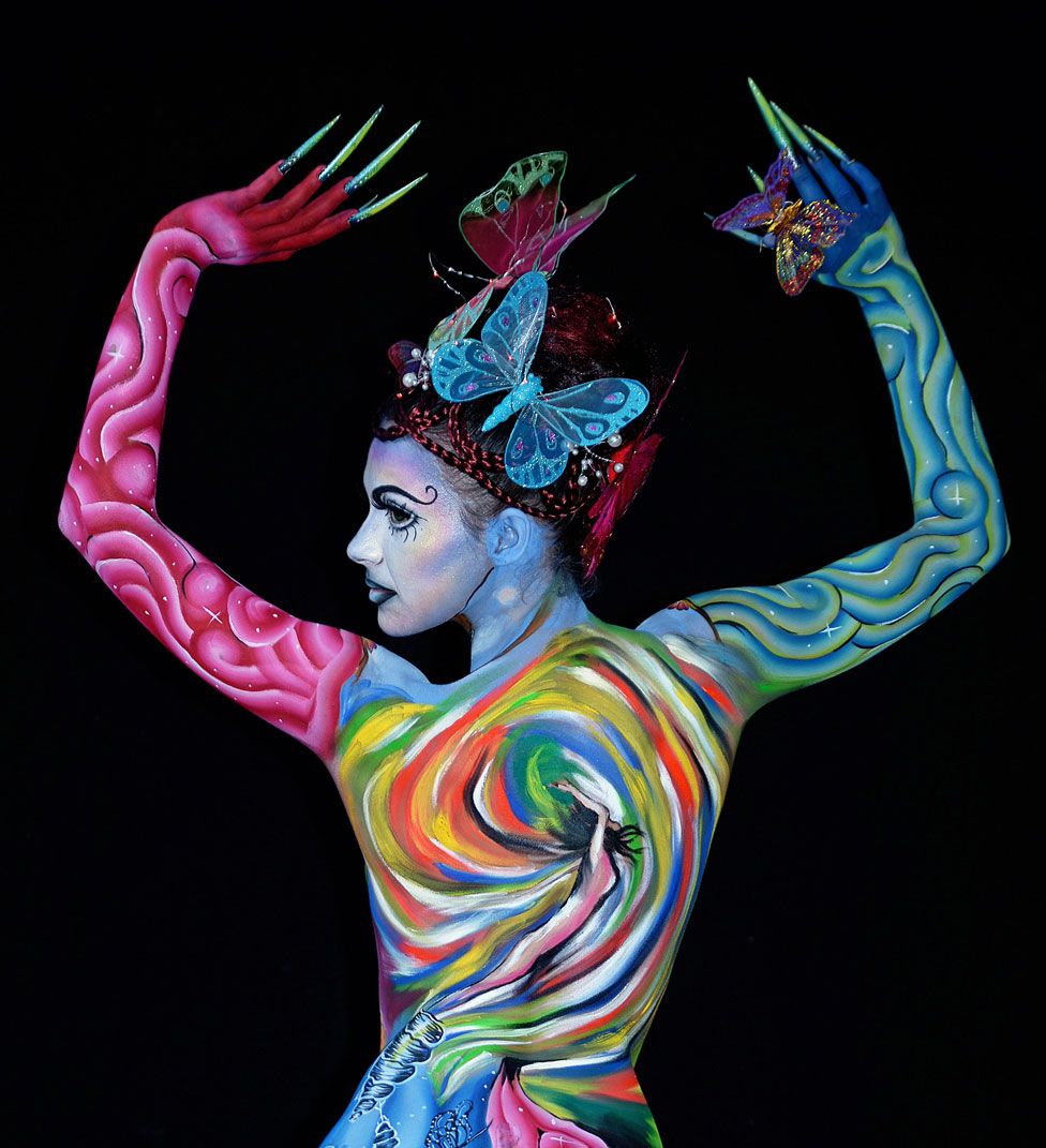 A model poses for a picture at the 21st World Bodypainting Festival 2018