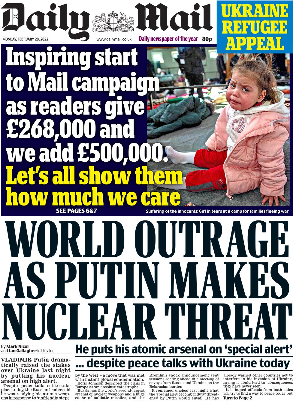 Первая страница Daily Mail 28 февраля 2022 г.