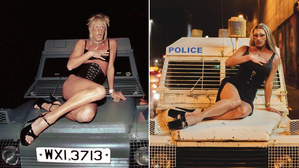 Two photos of a drag queen sitting on a police land rover.