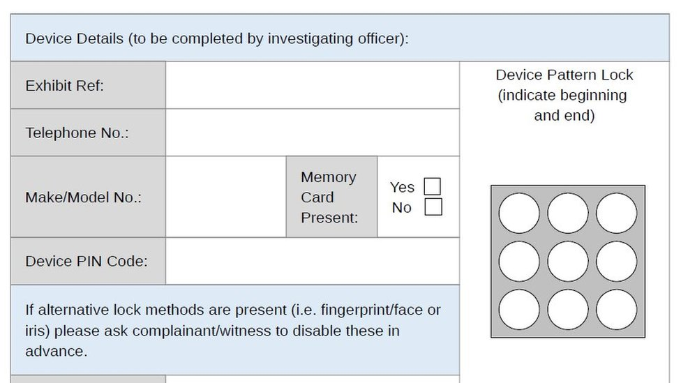 A screenshot of part of a consent form for 'digital device extraction', provided by the National Police Chiefs Council