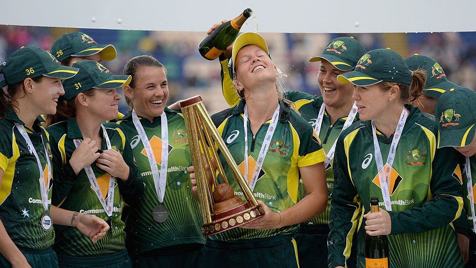 Australia captain Meg Lanning lifts the Women's Ashes Trophy after the 3rd NatWest T20 of the Women's Ashes Series between England and Australia Women at SWALEC Stadium on August 31, 2015