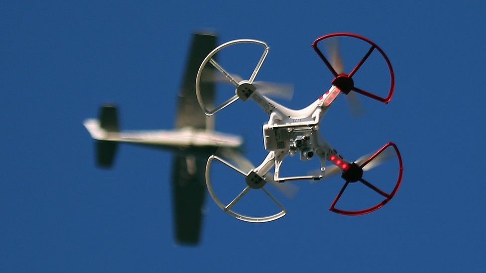 Drone with aircraft in background
