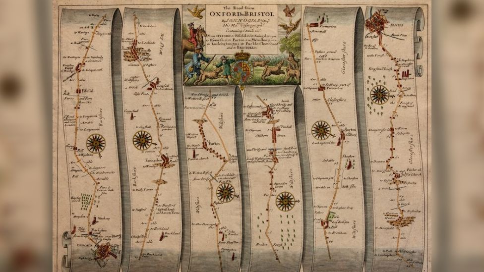 An old map, snaking over the page in vertical strips following the line of the road and it's settlements