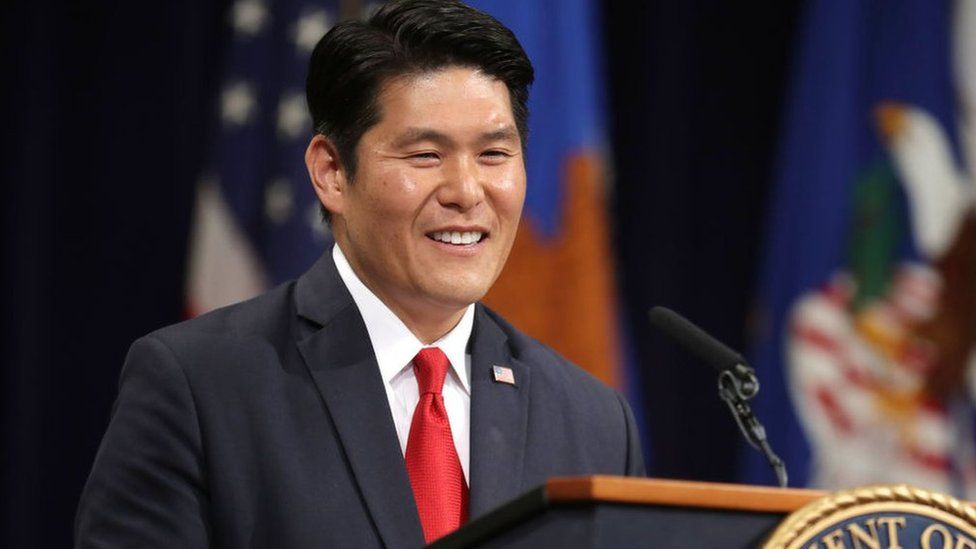 U.S. Attorney for the District of Maryland Robert Hur delivers remarks during Deputy Attorney General Rod Rosenstein's farewell ceremony at the Robert F. Kennedy Main Justice Building May 09, 2019 in Washington, DC.
