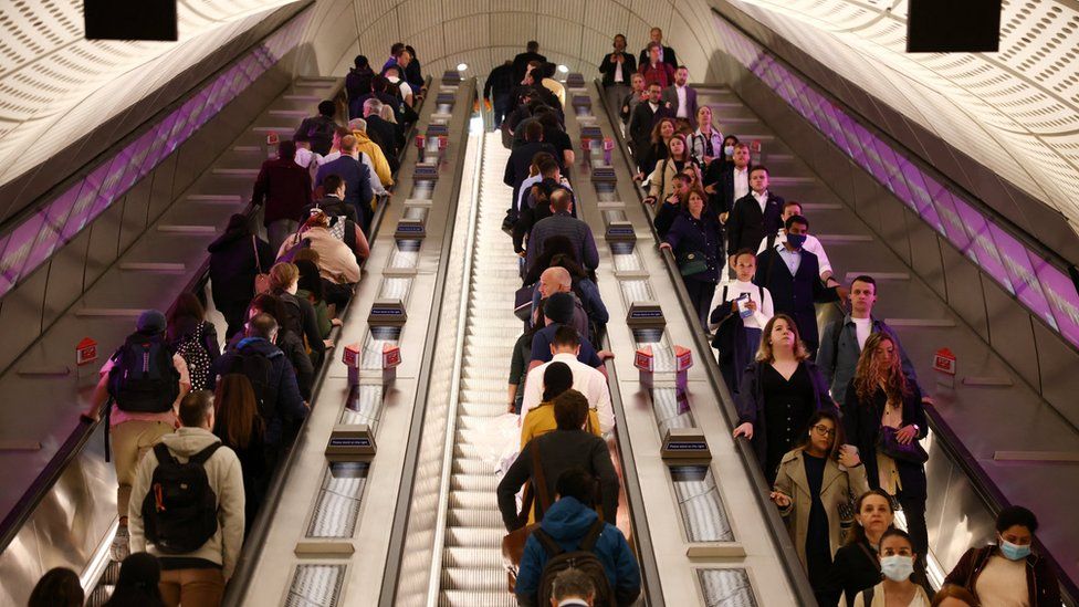 File photo of Elizabeth line passengers using escalators at Liverpool Street station.