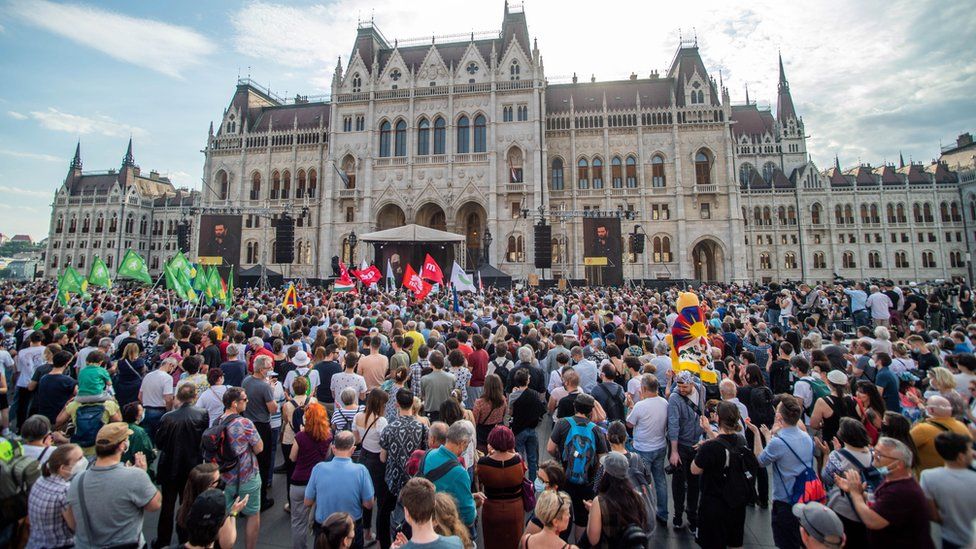 Demonstrators gather in front of the parliament in Budapest, Hungary, 5 June 2021