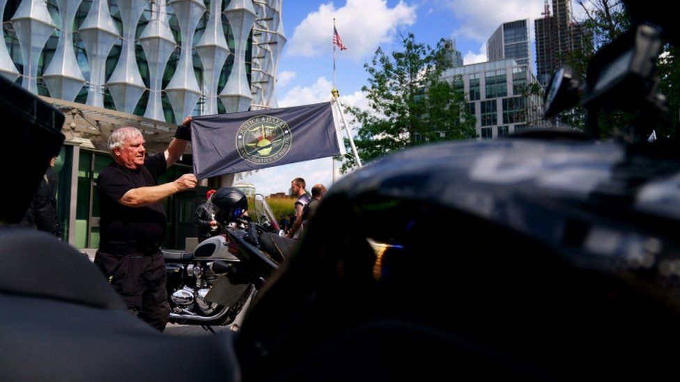 Bikers outside the US Embassy in London, as they take part in a Harry Dunn memorial ride