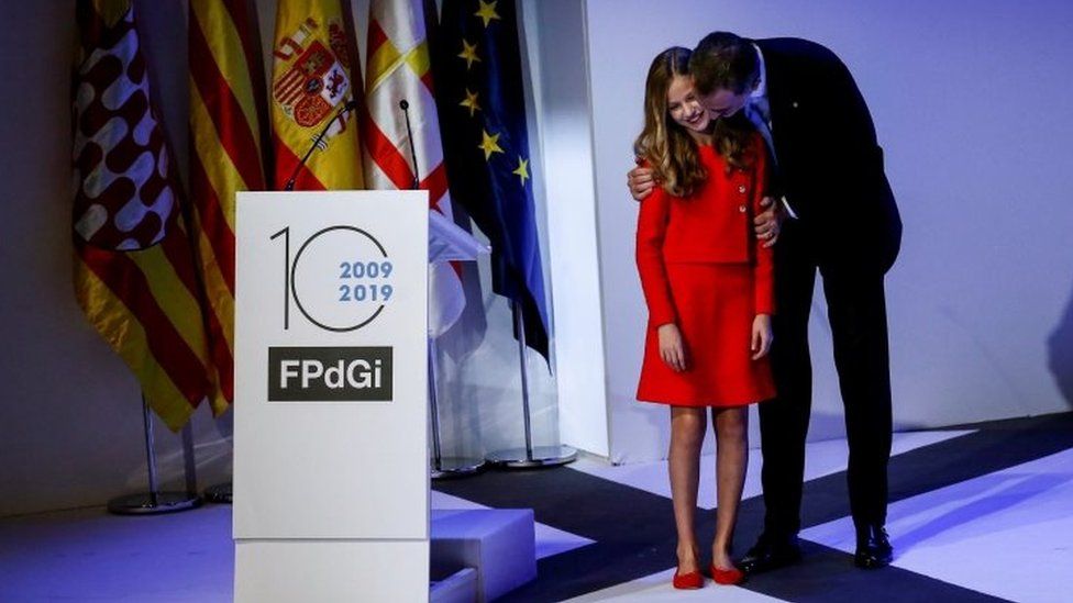 Princess Leonor of Spain with her father, King Felipe, at an awards ceremony in Barcelona as protests were held outside the venue, 4 November 2019