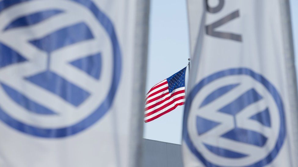 An American flag flies next to a Volkswagen car dealership in San Diego, California