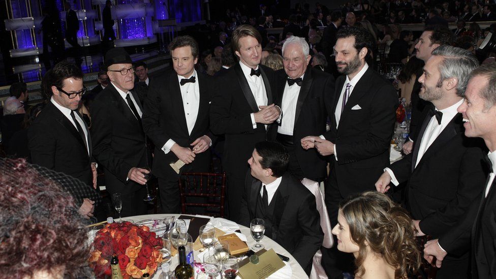 Guy Pierce, Geoffrey Rush, Colin Firth, Tom Hooper, David Seidler during the 68th Annual Golden Globe Awards at the Beverly Hilton Hotel in January 2011