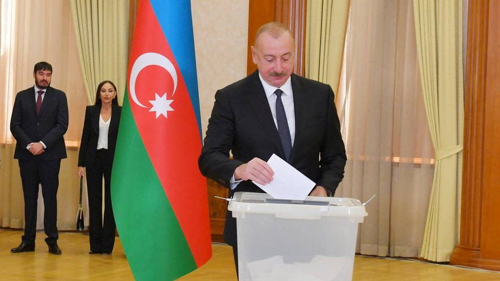 Ilham Aliyev, pictured casting his ballot on Wednesday, has officially won over 92% of the vote with most ballots counted