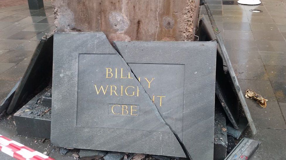 Smashed Billy Wright statue