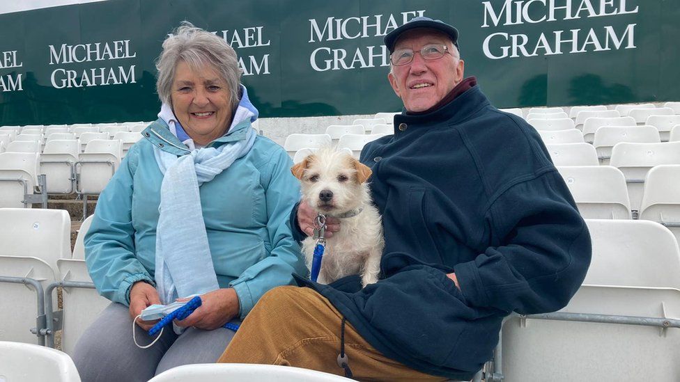 Maureen and Raymond Coles with Biscuit the dog