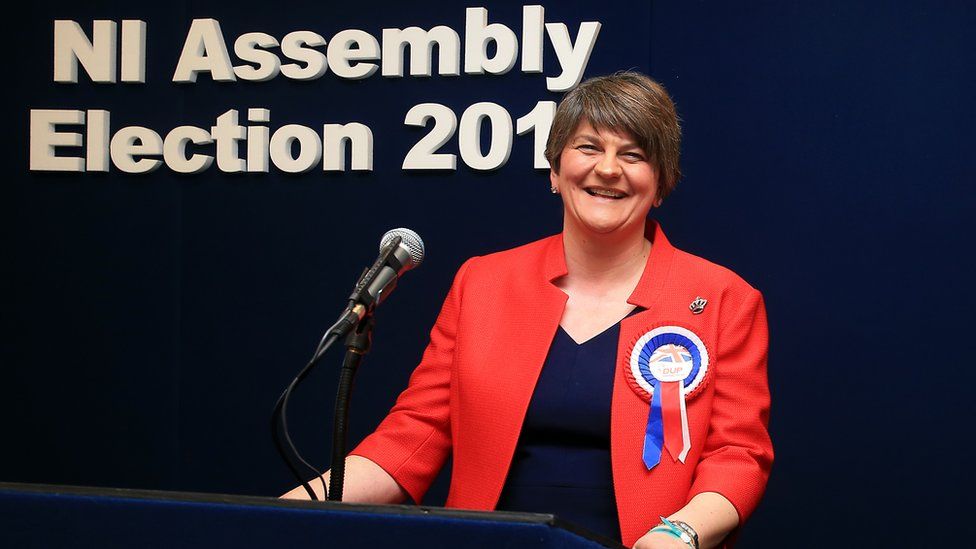 DUP leader Arlene Foster speaking to the press at the Omagh count centre