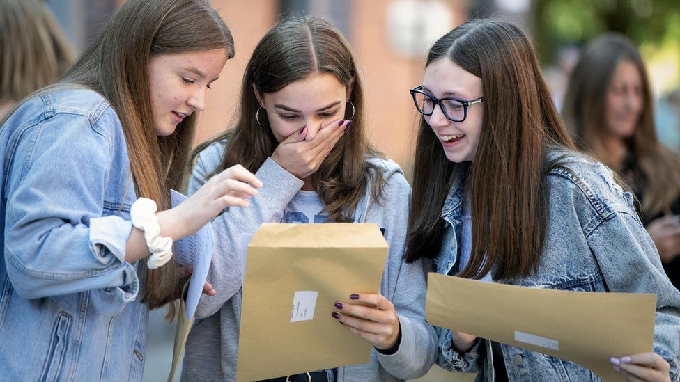 Students receiving their GCSE results at Robert May's School in Odiham, Hampshire