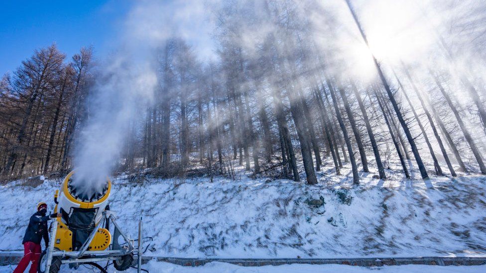 Snowmaking At National Alpine Skiing Center For Beijing 2022