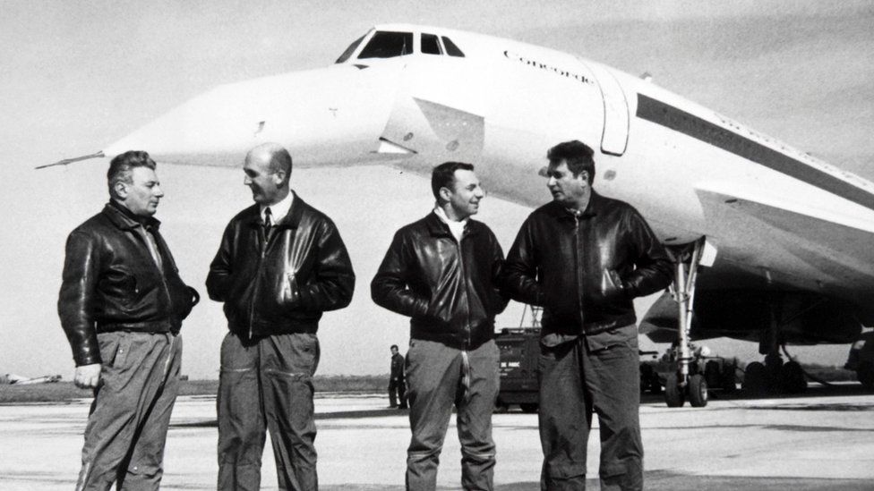 This file photo taken on February 28, 1969 shows the crew of Concorde 001 (from L to R) flight mechanic Michel Retif, chief test pilot Andre Turcat, flight engineer Henri Perrier and first test pilot Jacques Guignard posing three days before the first flight of Concorde 001,