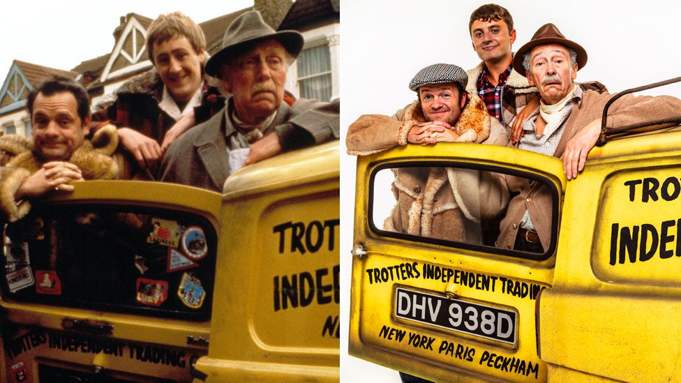 Sir David Jason, Nicholas Lyndhurst and Lennard Pearce in Only Fools and Horses and Tom Bennett, Ryan Hutton and Paul Whitehouse as they will appear in Only Fools and Horses The Musical