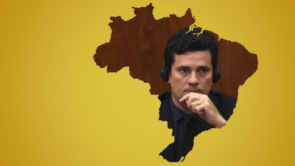 Graphic illustration of Sergio Moro inside a map of Brazil on a yellow background