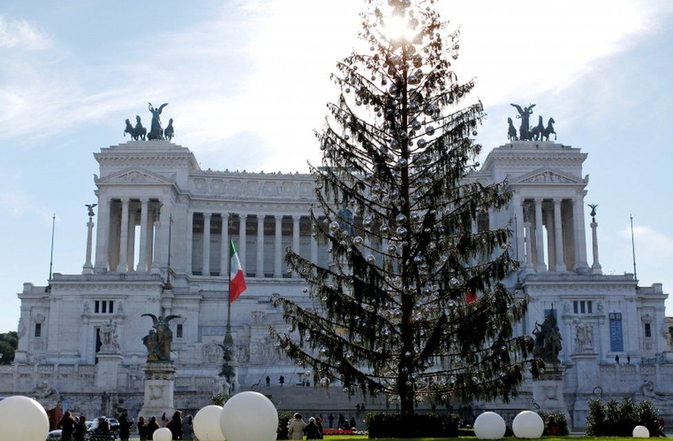 The controversial Christmas tree is seen in downtown Rome, on 19 December, 2017