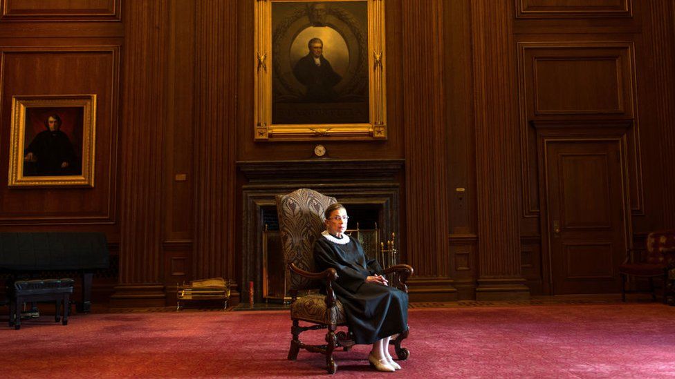 Supreme Court Justice Ruth Bader Ginsburg, celebrating her 20th anniversary on the bench, is photographed in the East conference room at the US Supreme Court in Washington, DC, on 30 August, 2013