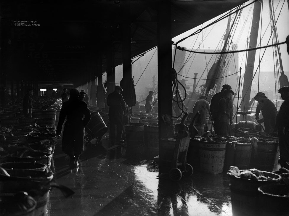 Fish being unloaded on the quayside at Hull (1932)