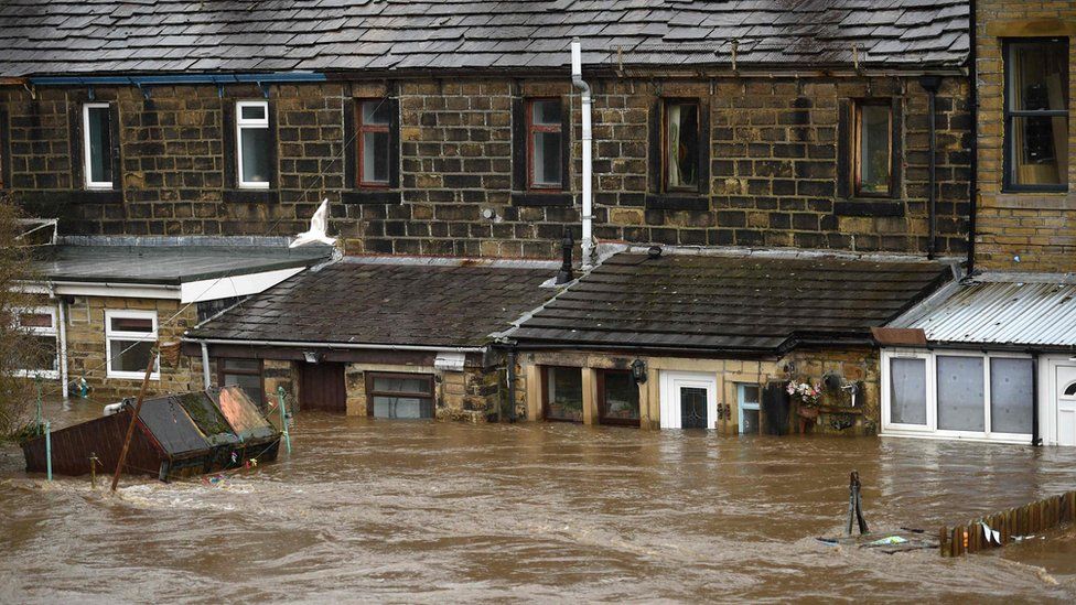 Flooded homes in Mytholmroyd, West Yorkshire, after Storm Ciara