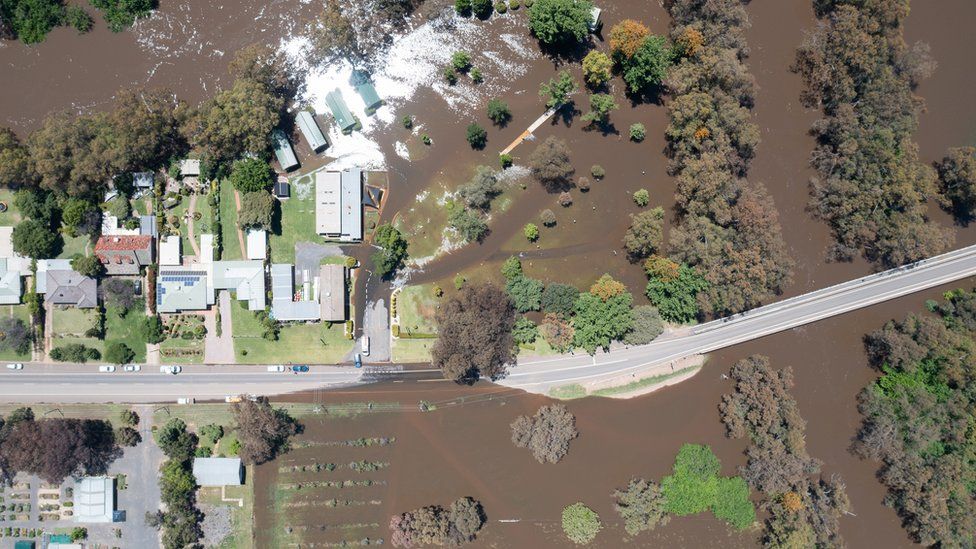 Aerial picture shows floodwaters in the town of Forbes