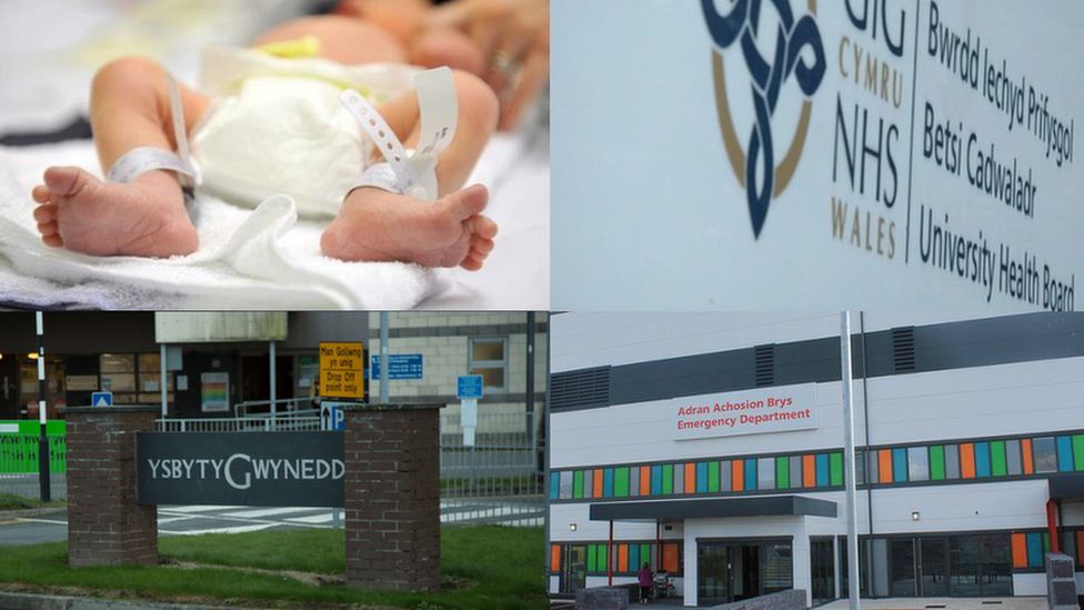 New born baby, Betsi Cadwaladr sign, sign for Ysbyty Gwynedd, and outside A&E at Glan Clwyd Hospital