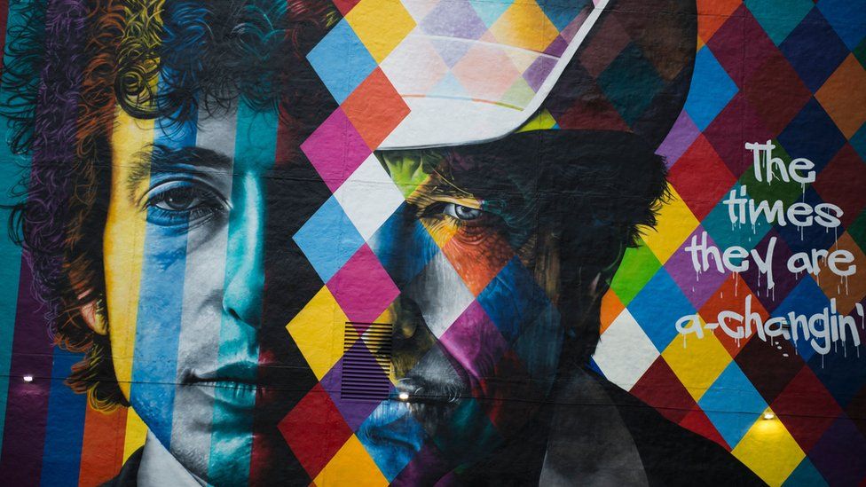 A mural of songwriter Bob Dylan by Brazilian artist Eduardo Kobra is on display in downtown Minneapolis, Minnesota on October 15, 2016. On October 13, 2016, Dylan was awarded the Nobel Prize in Literature.