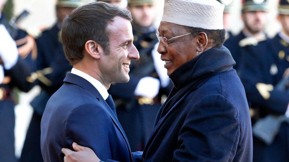 French President Emmanuel Macron welcomes Chad's leader Idriss Déby prior a lunch at the Elysee Presidential Palace - 12 November 2019