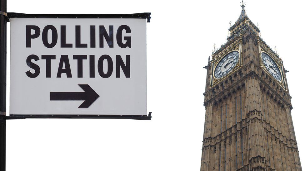 Sign for a polling station, with Big Ben in the background