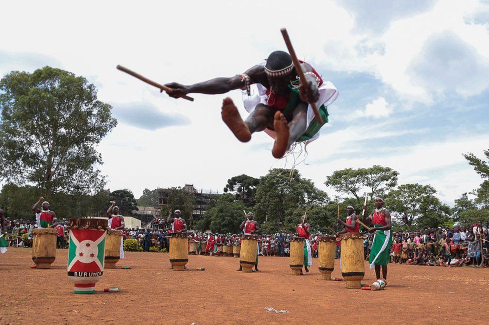 Traditional Burundian drummers perform the royal drum dance during the national drummer contest in Gitega, Burundi, on December 20, 2021
