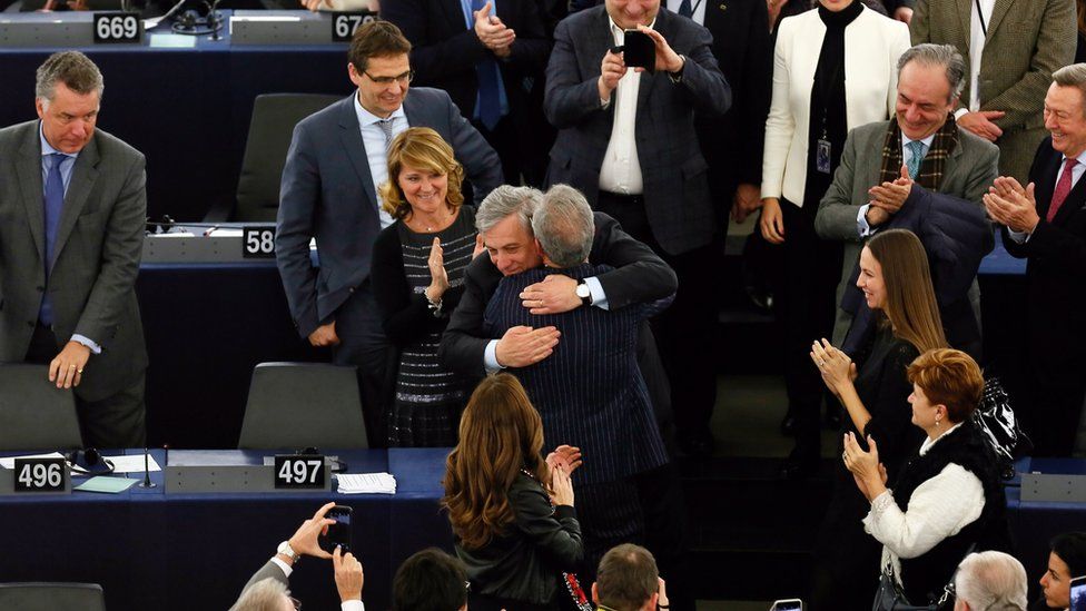 Antonio Tajani (C) from the European People"s Party (EPP) is congratulated by deputies after being elected as new president of the European Parliament in Strasbourg, France, 17 January 2017