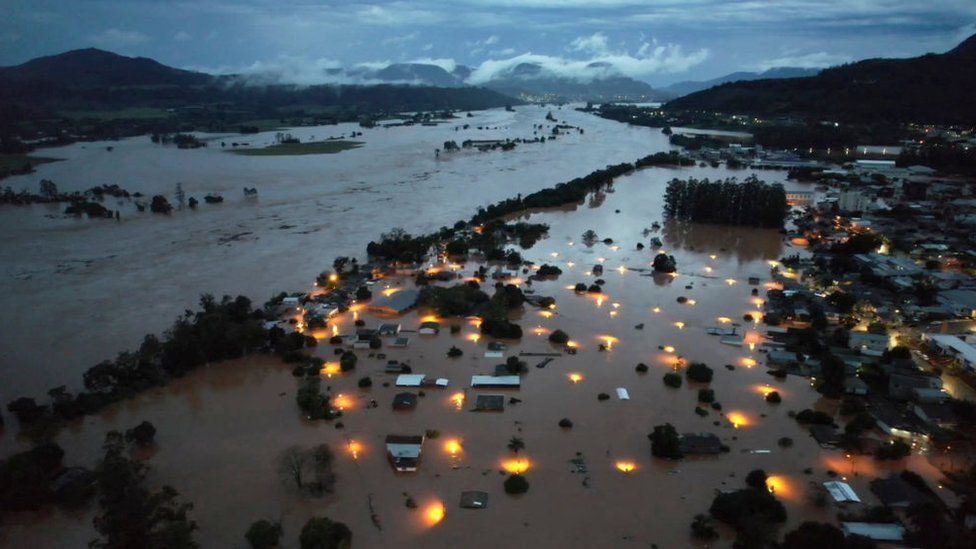 An aerial view shows flooded areas in Encantado city, Rio Grande do Sul, Brazil, on May 1, 2024.