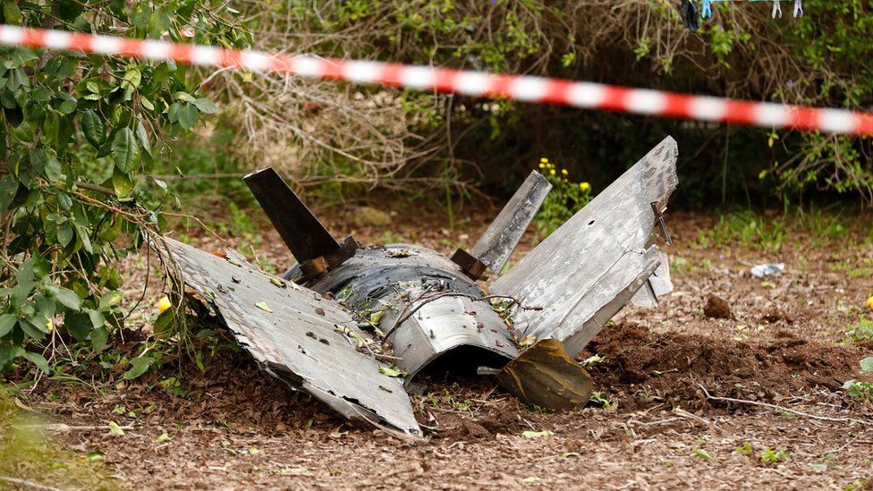 Remains of a missile that crashed earlier in Alonei Abba, east of Haifa, in northern Israel.