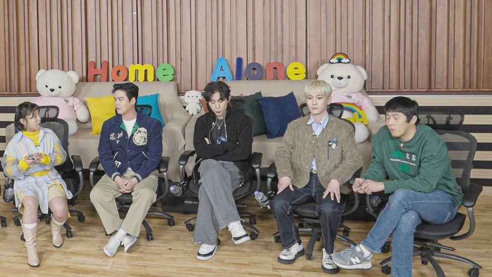 The celebrity panel of the Korean reality show I Live Alone is seen on set