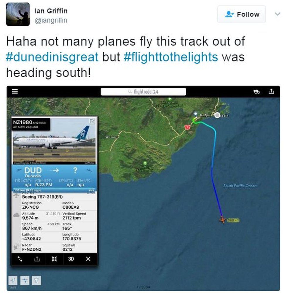 @iangriffin tweeted an image of a flight tracker map showing the plane going south, with the comment "Haha not many planes fly this track out of #dunedinisgreat but #flighttothelights was heading south!"