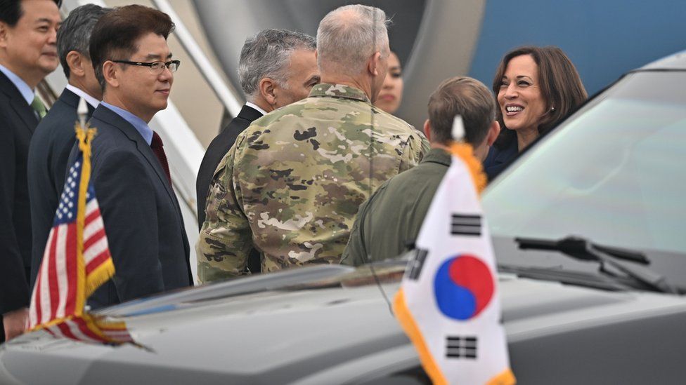Kamala Harris meeting with US and South Korean officials upon touching down at Osan Air Base in Pyeongtaek on Thursday